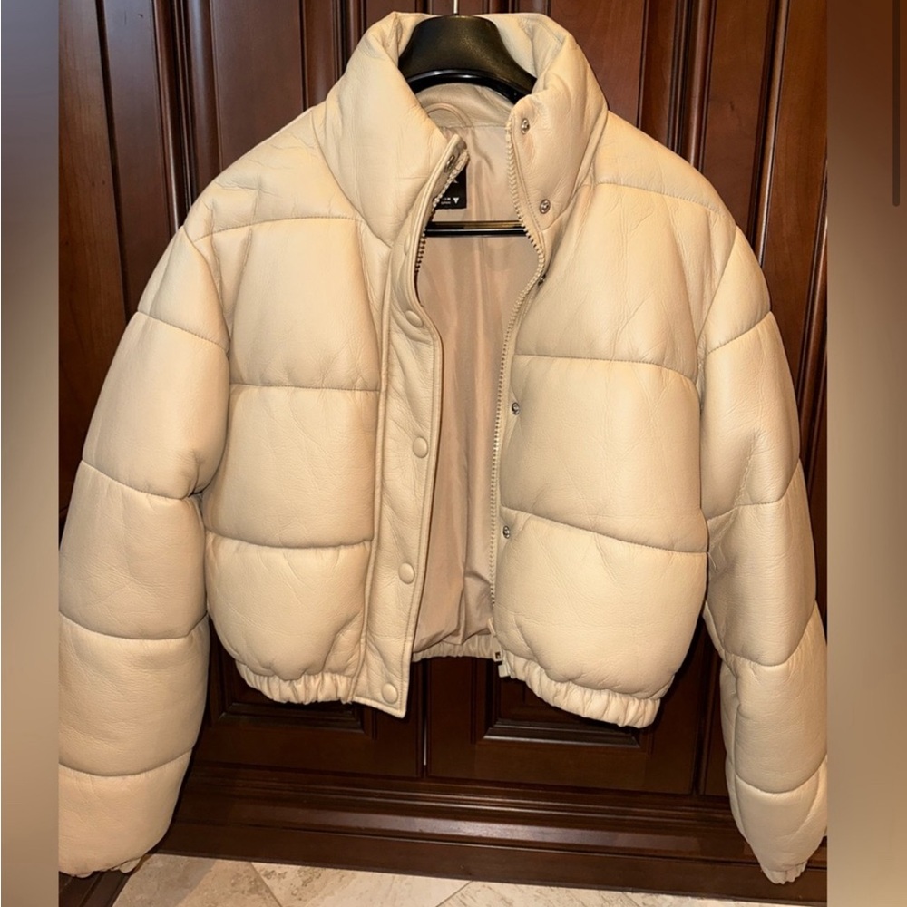 Zara tan women’s leather cropped puffer jacket